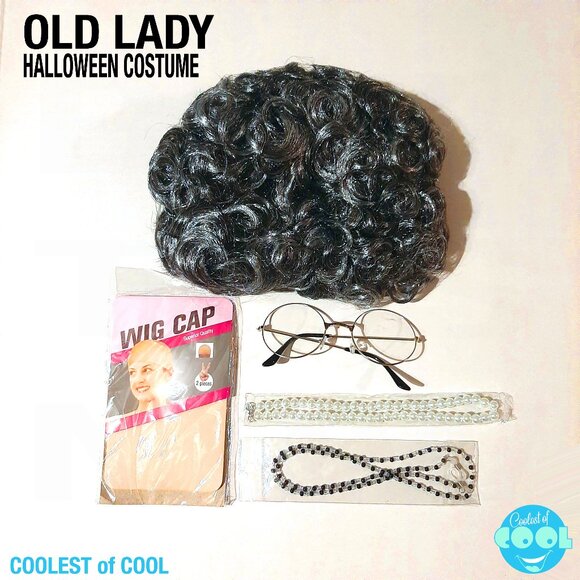 Old lady halloween costume with grey wig, cap, glasses on chain pearl necklace - Picture 1 of 7